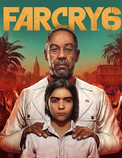 Far Cry 6 Spielcover mit Charakteren vor einer Stadt im Hintergrund.