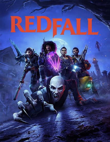 Redfall Spiel Cover mit Charakteren in actionreicher Szene.