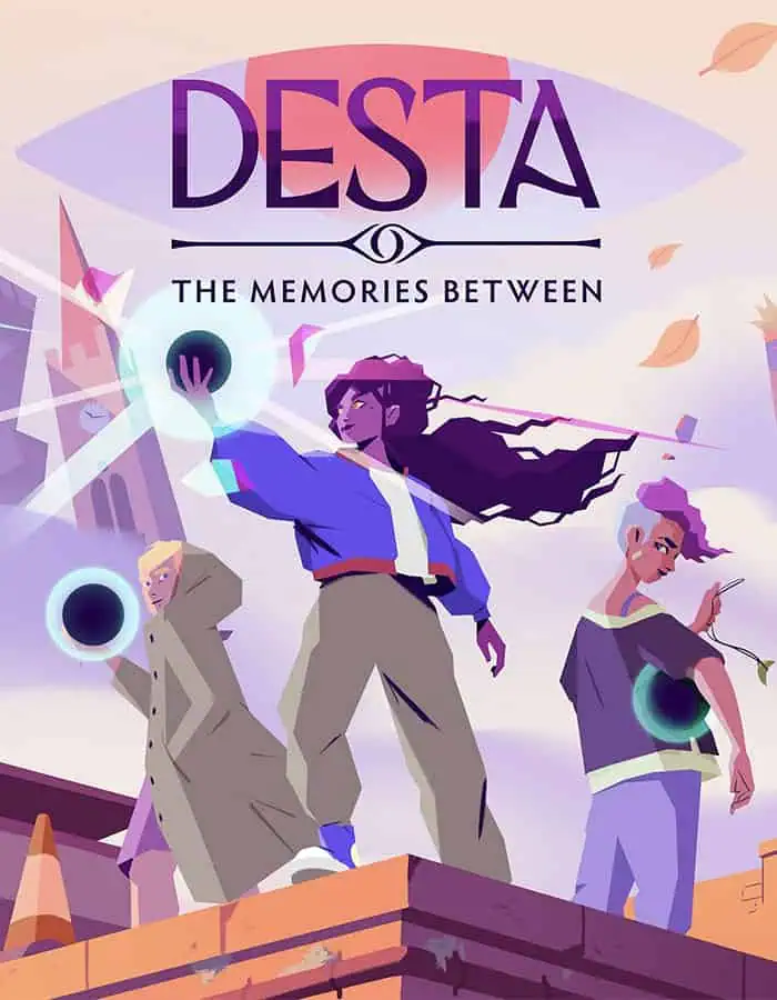 VivaKeys Software Europe - DESTA: The Memories Between DESTA Spielcover mit drei Charakteren, futuristische Atmosphäre, kreative Gestaltung.