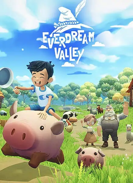 Kinder reiten auf einem großen Schwein im Fantasieland EverDream Valley.