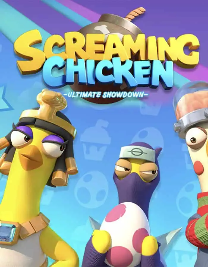 Screaming Chicken Spiel Cartoonhafte Hühner in einem lustigen Spiel mit bunten Hintergründen.