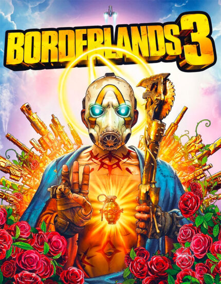 Borderlands 3 Spielcover mit futuristischem Charakter und Waffen.