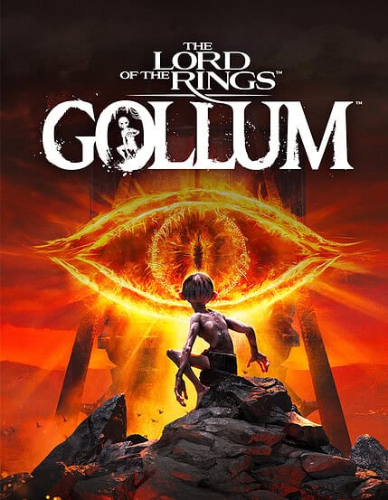 Gollum aus Herr der Ringe vor einem feuerglühenden Hintergrund.