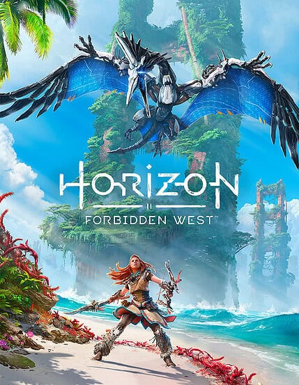 Horizon Forbidden West Spiel mit Heldin und Drache in tropischer Umgebung.